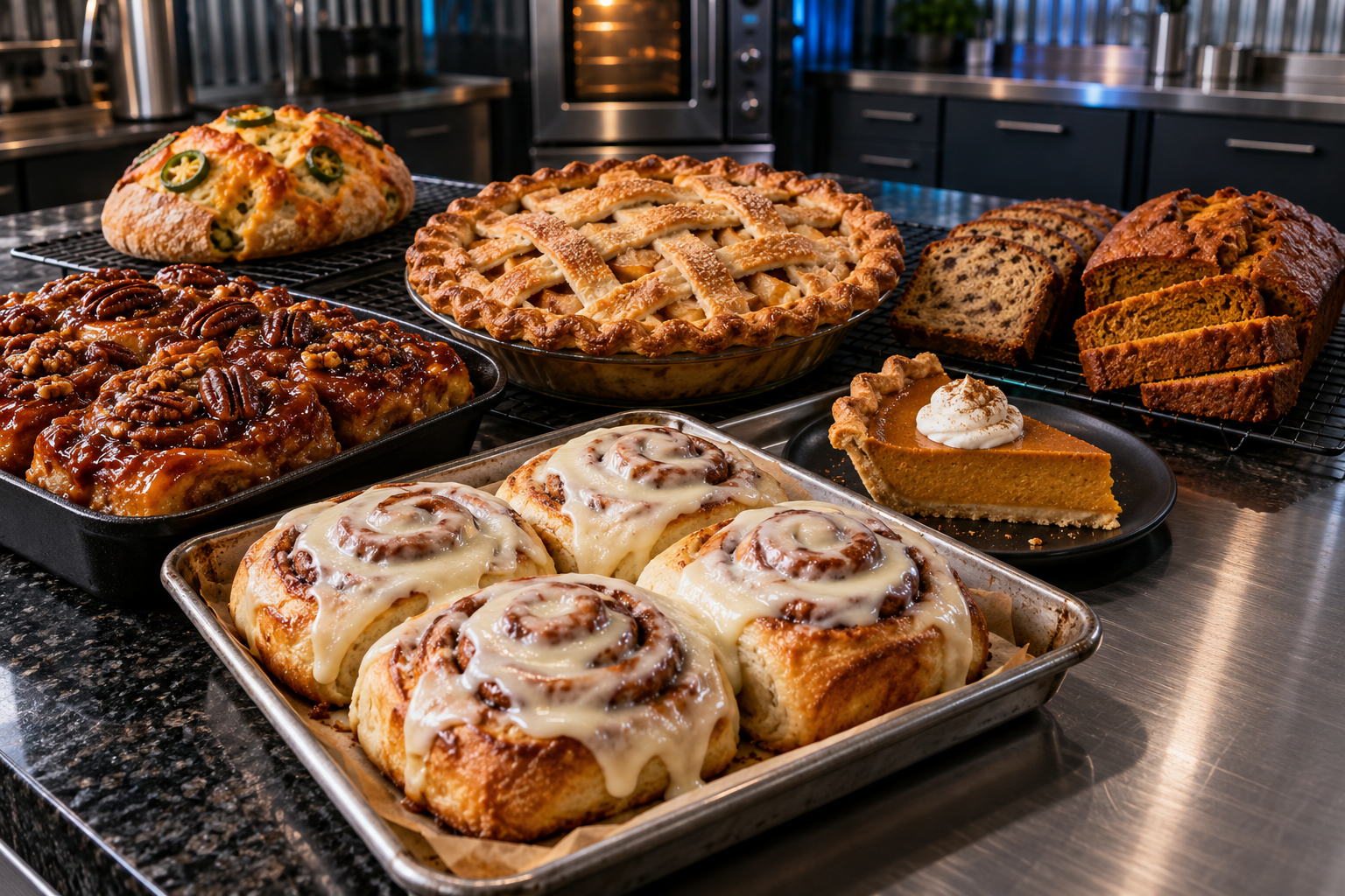 Illustrative spread of cinnamon rolls, pecan rolls, apple pie, pumpkin pie, sweet breads, and sourdough on an industrial kitchen counter